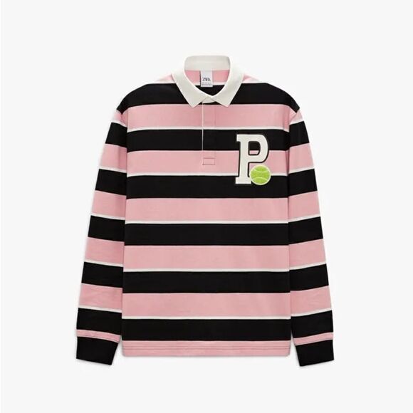 ZARA Patch Striped Polo Pink and Black, Unisex, Men size Small - Picture 1 of 15